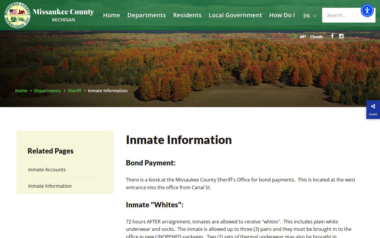 Missaukee County jail inmate information page with bond and visitation instructions