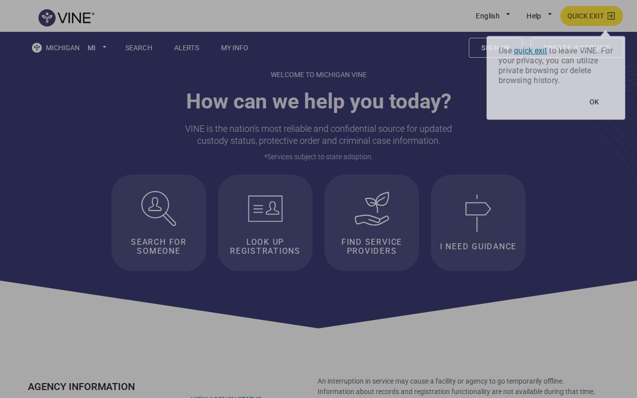 VINELink Michigan state and county custody search screen