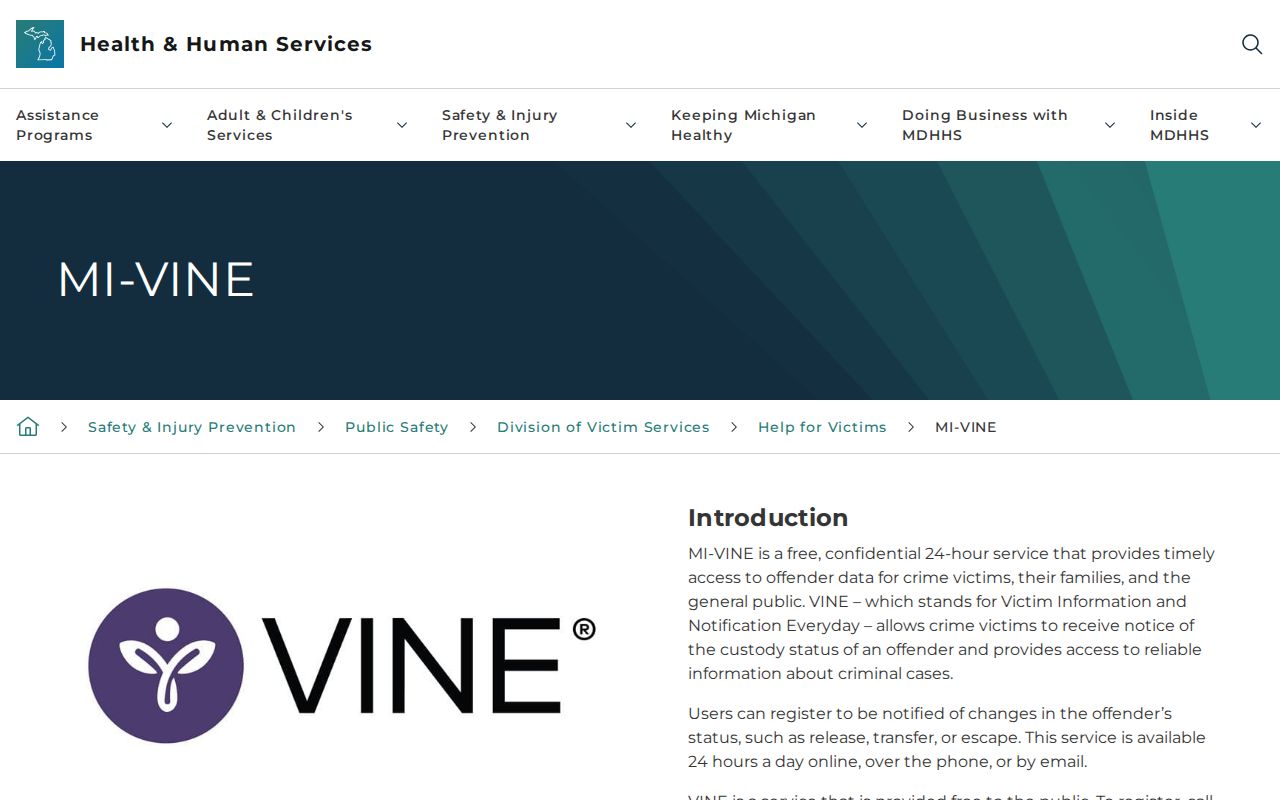 Official Michigan VINE information page